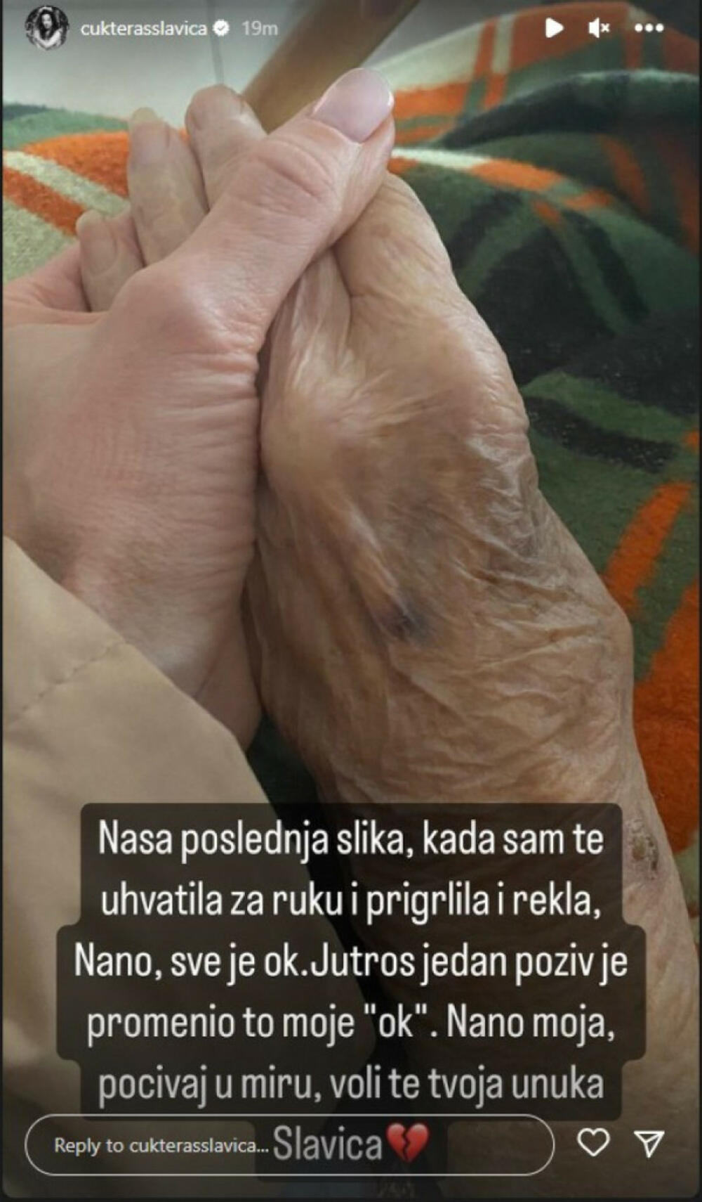 Slavica Ćukteraš saopštila je da joj je preminula baka