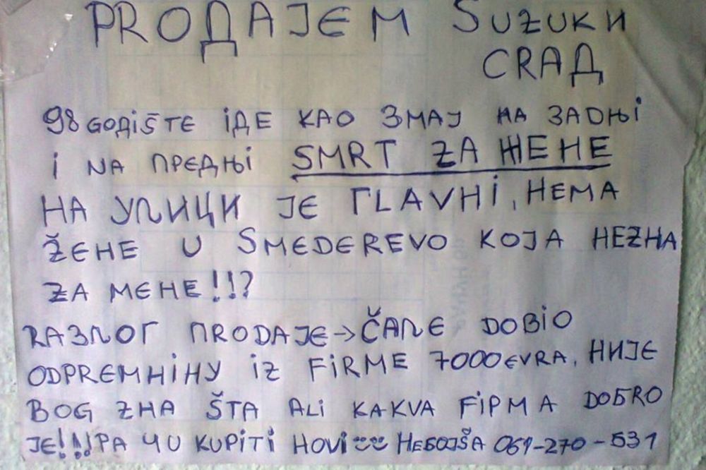 Čale dobio otpremninu, prodajem Suzuki, SMRT ZA ŽENE! (FOTO)