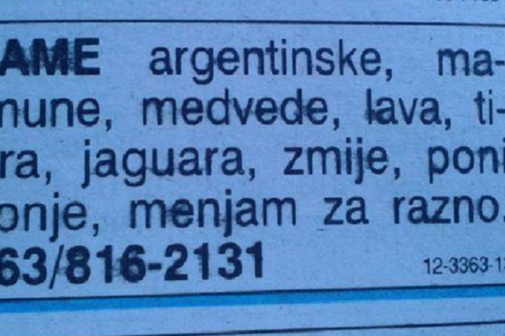 ​Lame, jaguara, medveda i majmuna menja za razno: Da li je ovo najneverovatniji oglas u Srbiji? (FOTO)