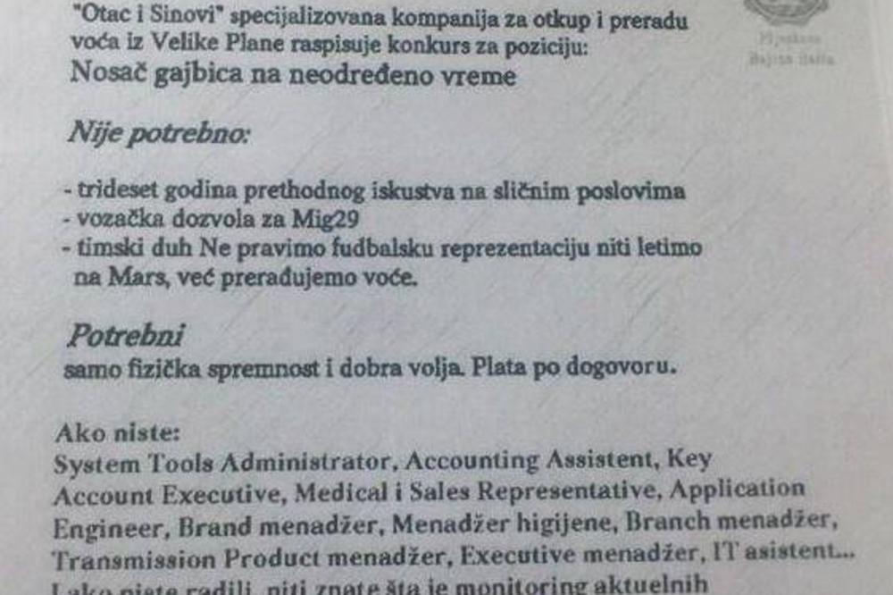 NE TREBA VAM TIMSKI DUH, NI 30 GODINA ISKUSTVA: Ovo je najjači oglas za posao u Srbiji! (FOTO)