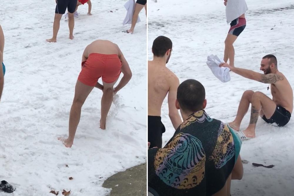 HIT SA DORĆOLA: Ovi momci su krenuli da plivaju za krst, a na snegu padali KAO BAMBIJI! (VIDEO)