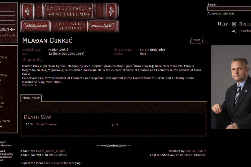 LJUDI, OVO JE HIT! Dinkić dobio stranicu u najvećoj hevi metal enciklopediji, a pisao za Kebu i Dženana! (VIDEO)