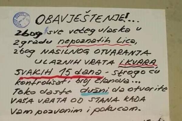 NEMA ŠTA DA KOMENTARIŠETE AKO VAM NEKOG NAĐEM U STANU: Poruka predsednika kućnog saveta stanarima POBEDILA! (FOTO)