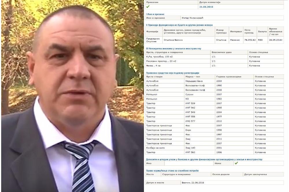 KUĆA OD 100 KVADRATA, POSLOVNI PROSTOR, NJIVA, 3 AUTOMOBILA, 2 MOTORA, 6 TRAKTORA, 5 PRIKOLICA I KOMBAJN: Sve ovo predsednik Beočina stekao je s platom od 76.000 dinara?