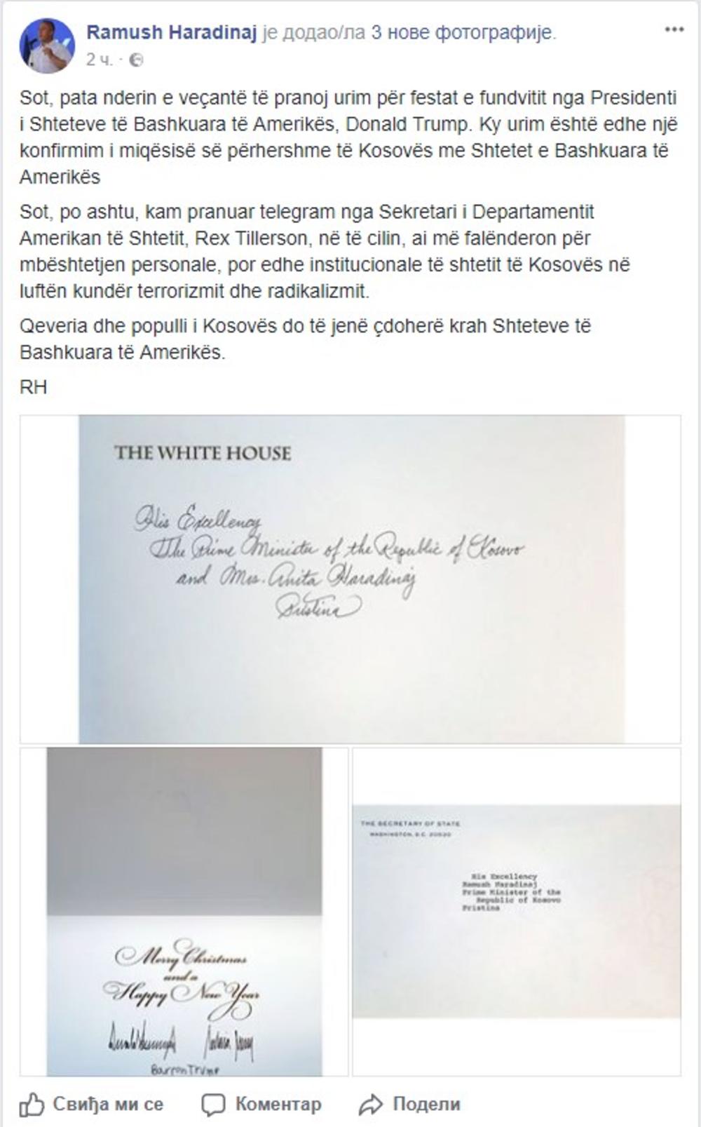 Čestitka Američkog predsednika Ramušu Haradinaju za novu godinu/Facebook/printscreen