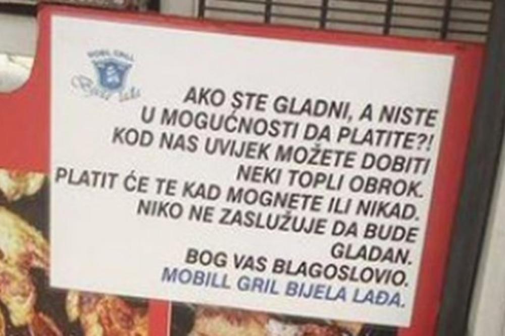 NAJLEPŠA PORUKA IZ BOSNE! Svako ko je gladan može da jede, a ne mora NIKAD da plati (FOTO)