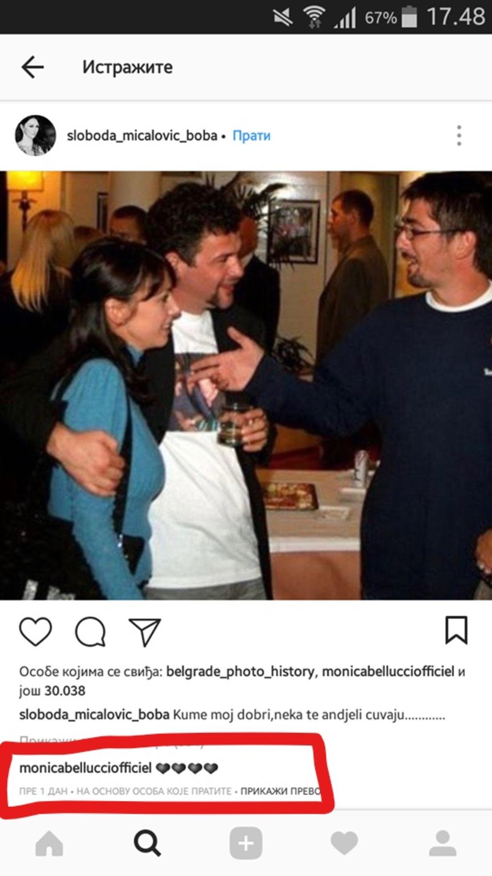 Komentar zvaničnog profila Monike Beluči na sliku Slobode Mićalović na Instagramu 