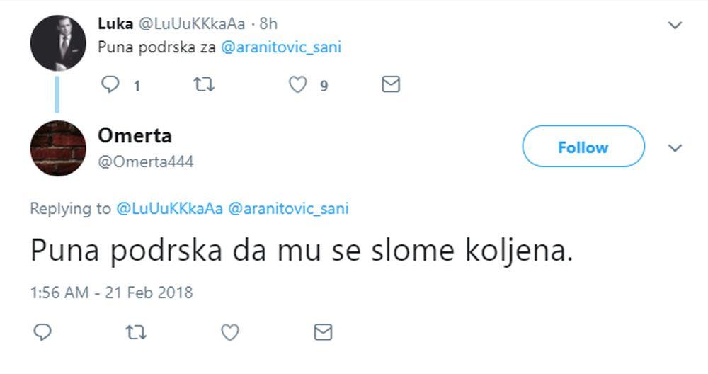 Pretnje Aleksandru Aranitoviću na Tviteru