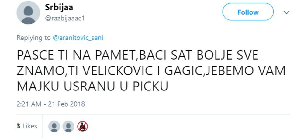 Pretnje Aleksandru Aranitoviću na Tviteru