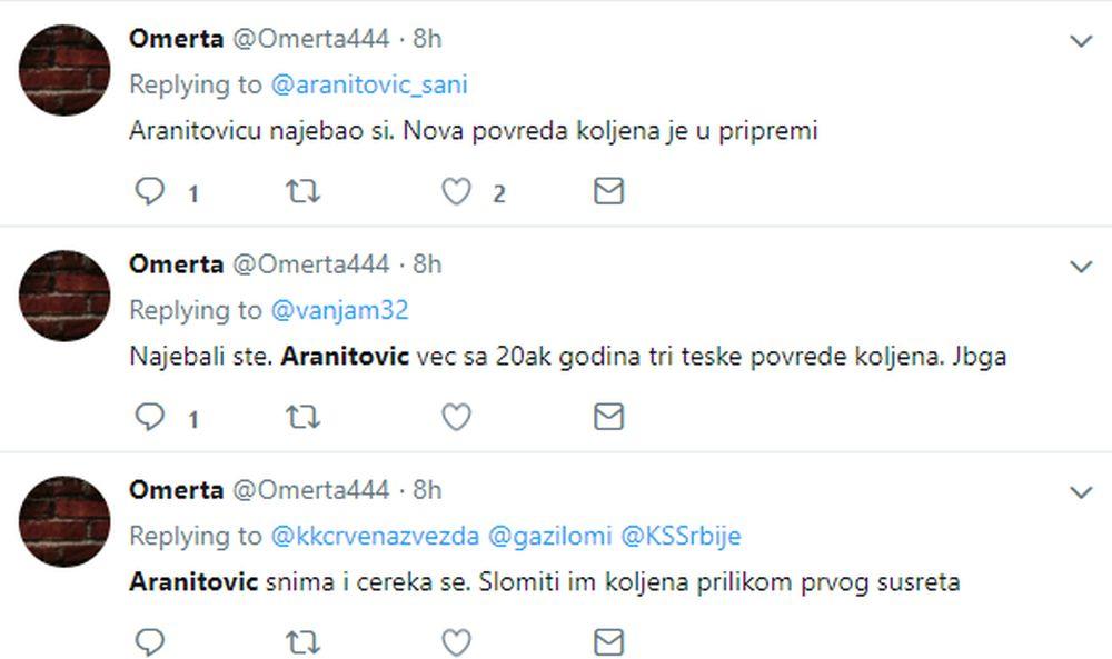 Pretnje Aleksandru Aranitoviću na Tviteru