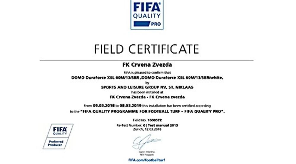Sertifikat za FK Crvena zvezda  