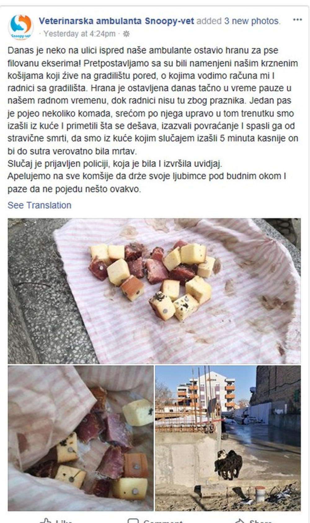 Ispred veterinarske ambulante neko je ostavio hranu za pse punu eksera 
