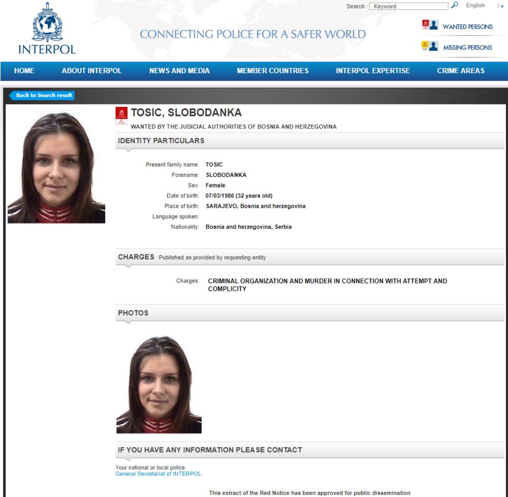 Interpol  je izado žutu poternicu za Slobodankom Tošić  