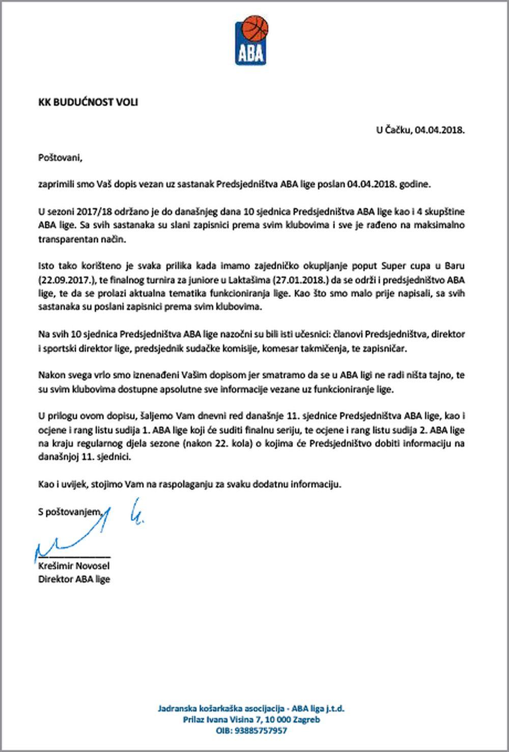 Dopis KK Budućnosti ABA ligi