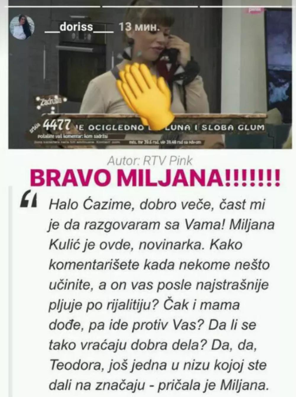 Ćazimova devojka, Doris, podržala je Miljanu  