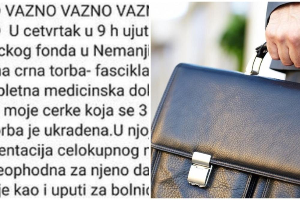 NESTALA TORBA S KOMPLETNOM LEKARSKOM DOKUMENTACIJOM BOLESNE DEVOJČICE: Zabrinuta majka moli sve da joj POMOGNU, HITNO!