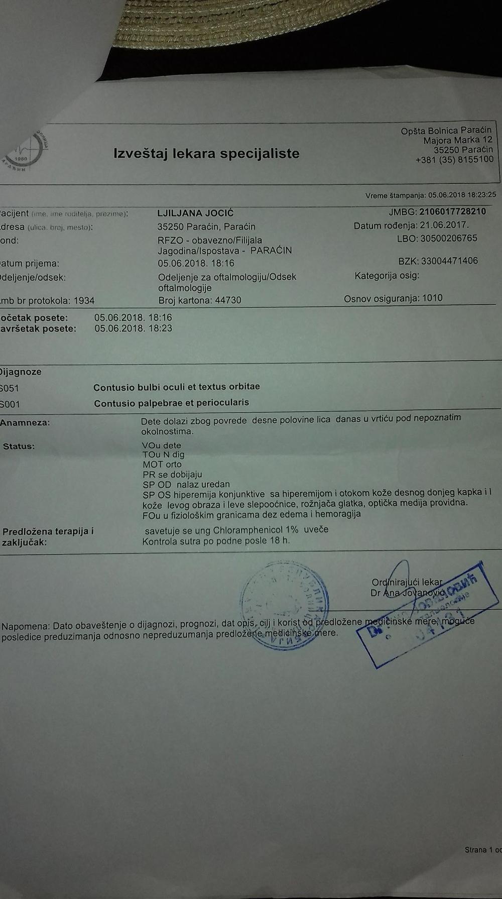 Detetu su ustanovljene povrede nastale pri padu  