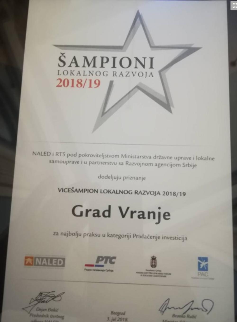 Vranje vicešampion lokalnog razvoja    