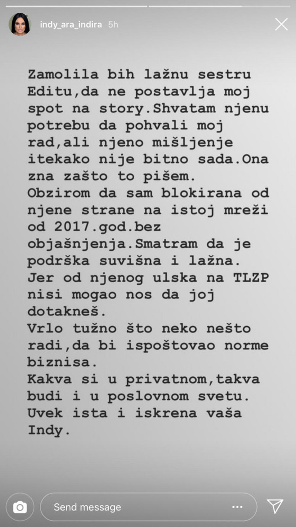 Indy se javno putem svog Instagram profila obratila svojoj sestri Editi  
