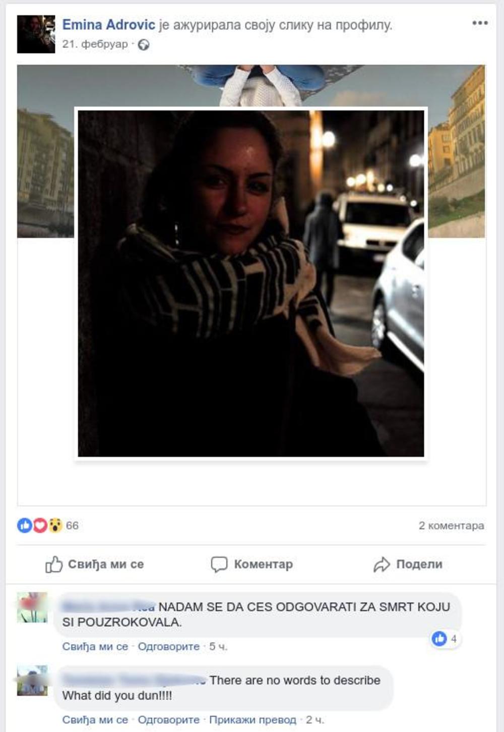 Poruka na Fejsu ispod Eminine objave  