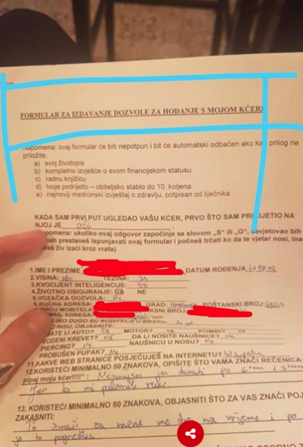 Formular koji udvarač mora da popuni  