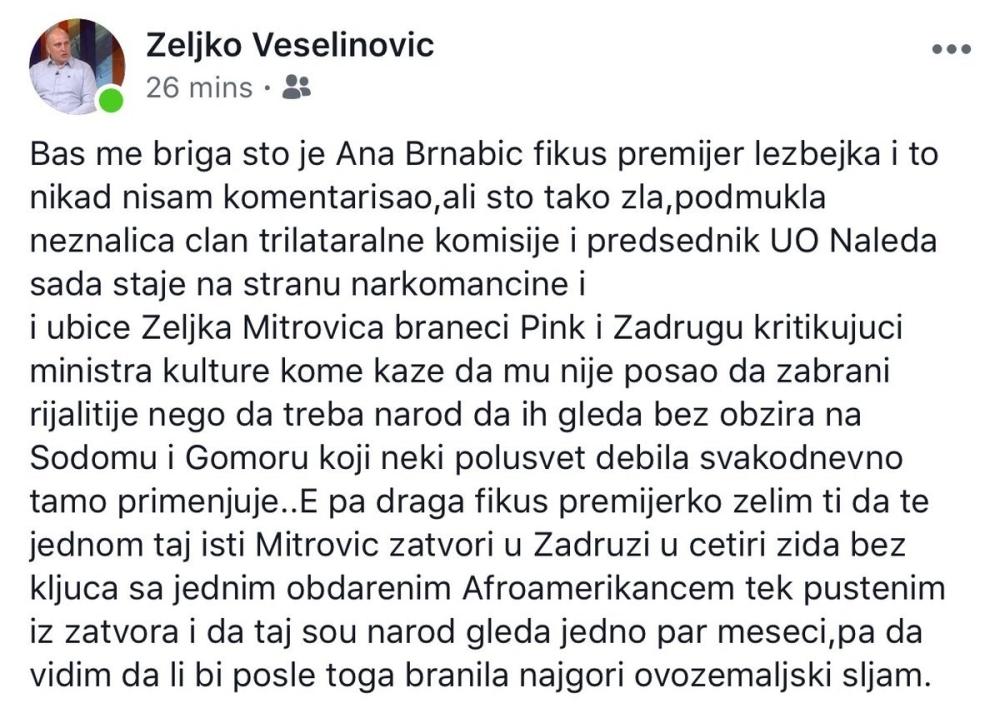 Tvit Željka Veselinovića u kome vređa premijerku Anu Brnabić  