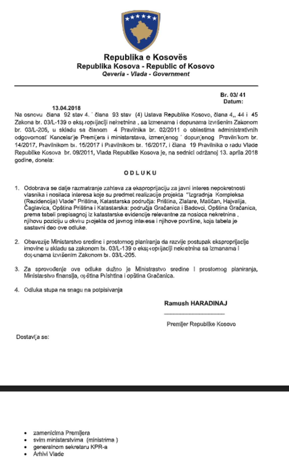 Odluka o izgradnji rezidencije Vlade Kosova u Ajvaliji, Gračanica  