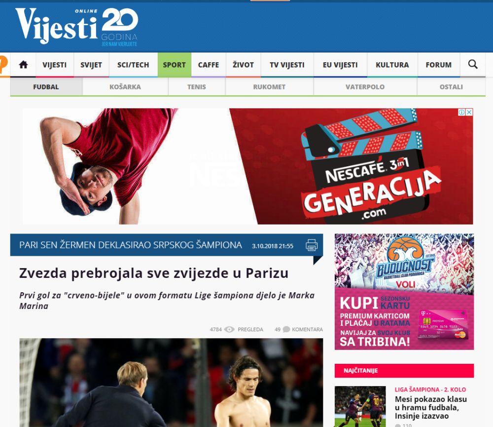 Crnogorske Vijesti  o debaklu Zvezde u Parizu  