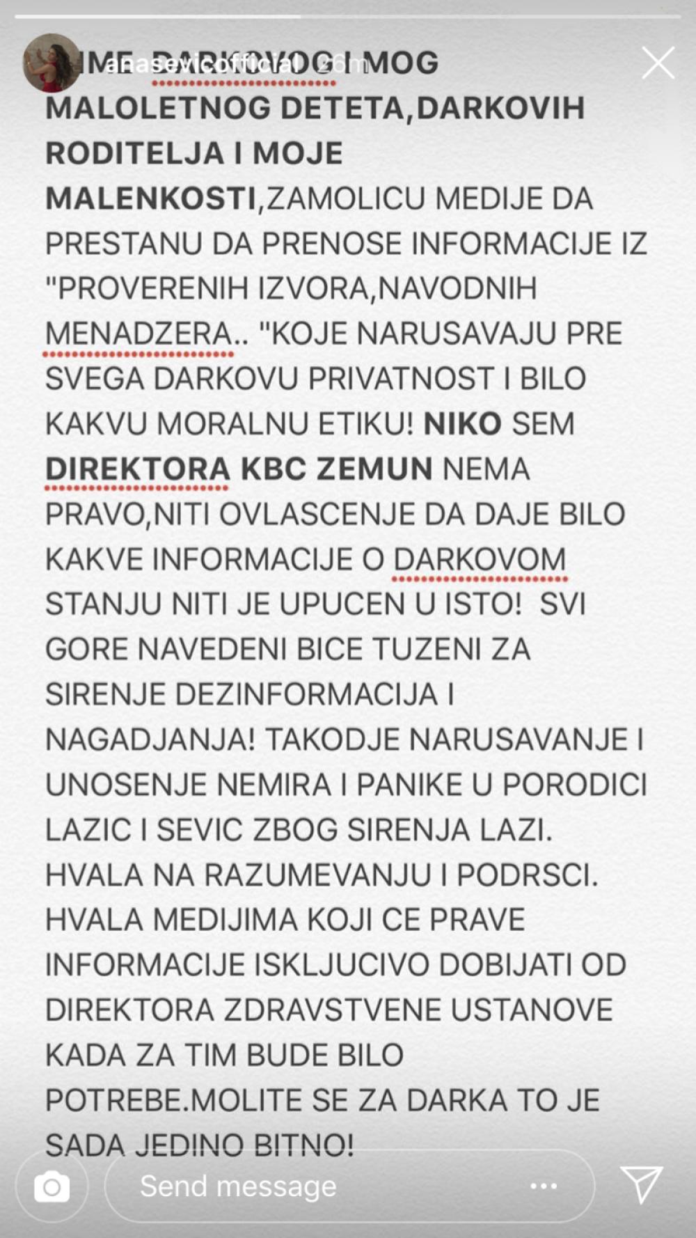 Potresna poruka Ane Sević  