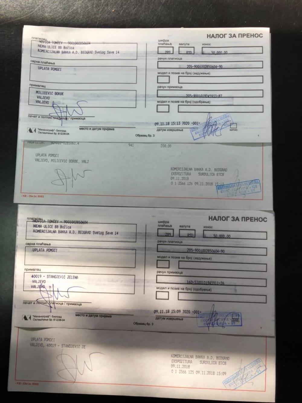 Uplatnica Novice Tončeva na iznos od 50.000 dinara  