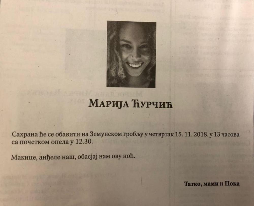 Čitulja koju je objavila porodica Marije Ćurčić  