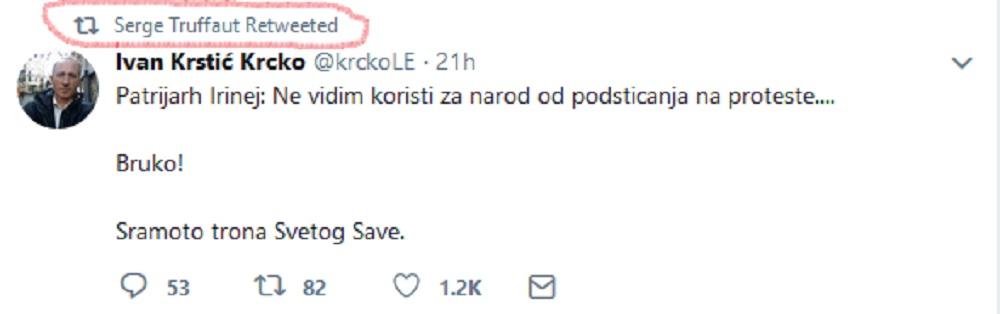 Sergej Trifunović retvitovao je Tvit u kome se napada patrijarh  