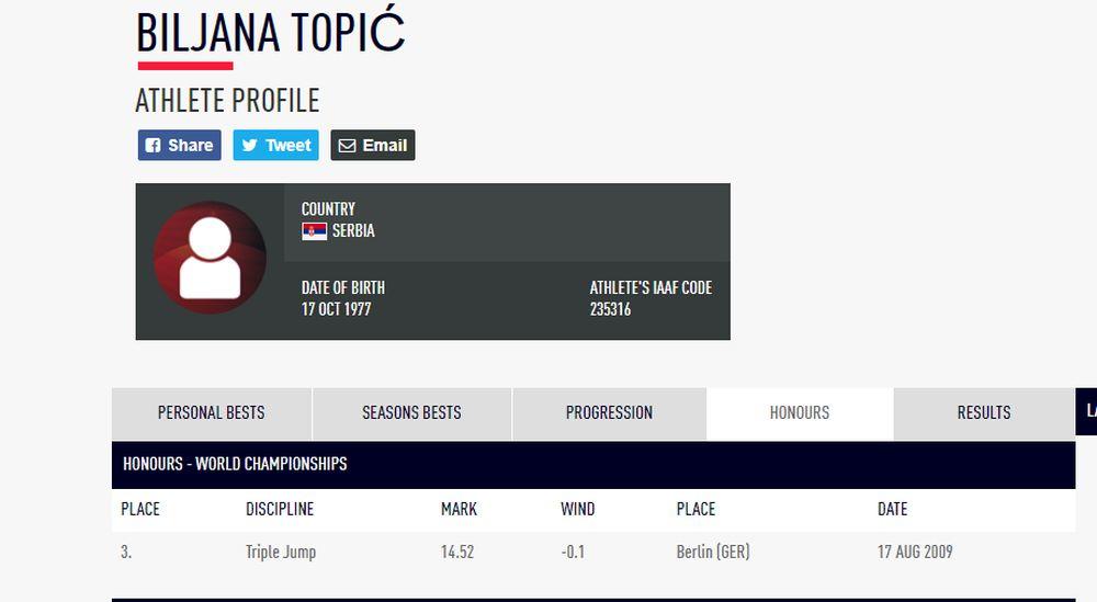 Na zvaničnom profilu Biljane Topić piše da je osvojila bronzu u Berlinu  