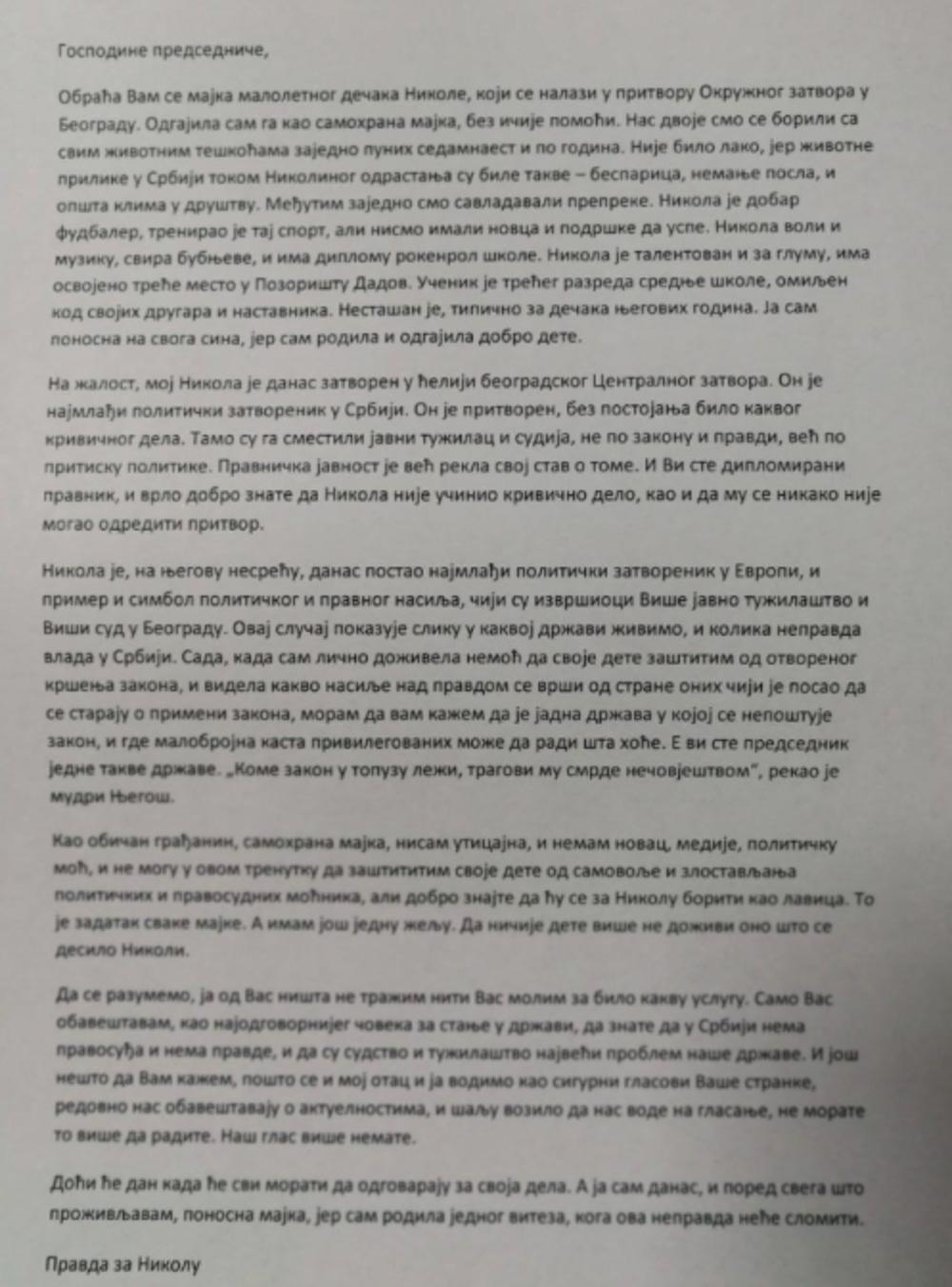 Otvoreno pismo majke Sanje  