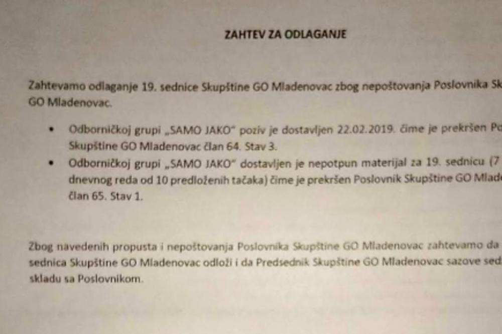 SAMO JAKO: Opštinskoj vlasti u Mladenovcu stigao ZAHTEV ZA ODLAGANJE SKUPŠTINE, ovo je razlog