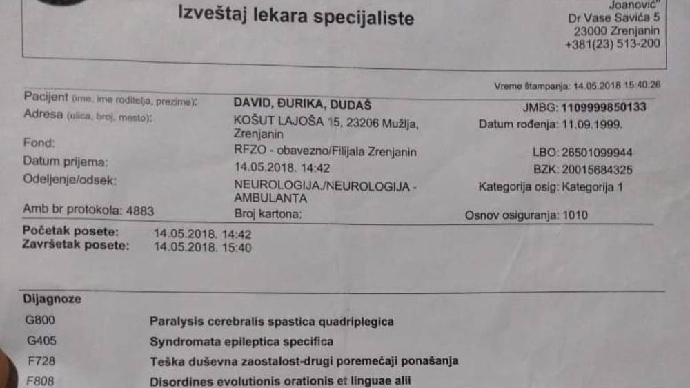 Izveštaj lekara specijaliste o Davidovoj bolesti  