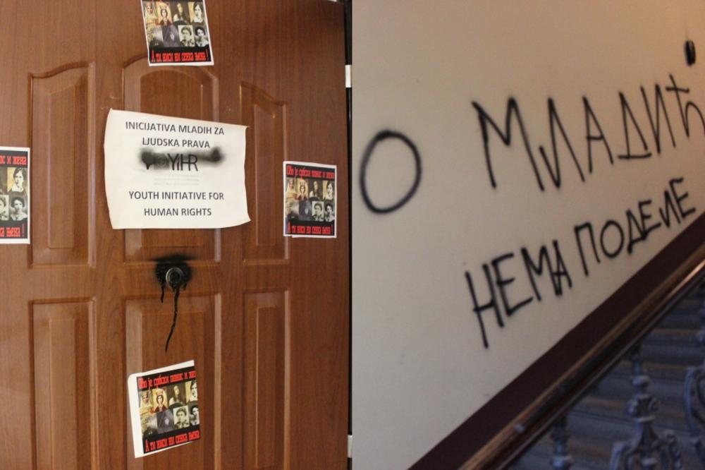 PROVOKACIJA: Grafiti "Ratko Mladić" i "Nema podele" pred vratima kancelarije Inicijative mladih za ljudska prava