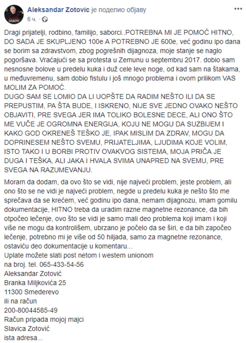 Zotović se oglasio posredstvom Fejsbuka 