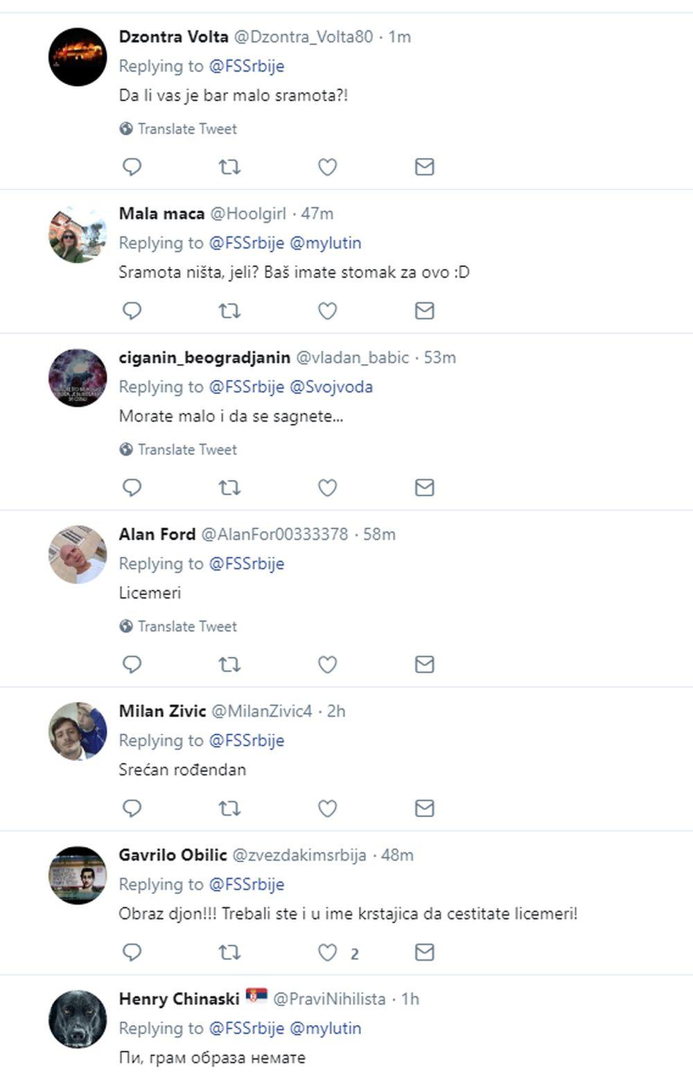 Samo neki komentari navijača na Tviteru FSS