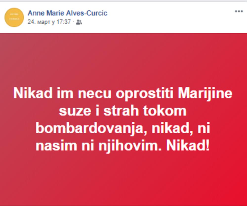 Status koji je An Mari postavila na svom fejsbuku susret godišnjici NATO bombardovanja  