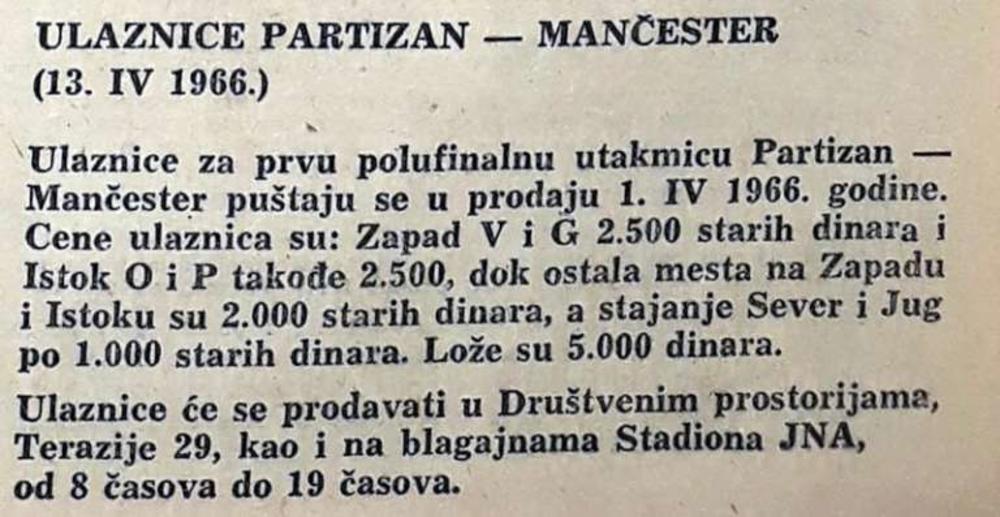 Najava prodaje ulaznica za meč Partizana i Mančester junajteda iz 1966. godine  