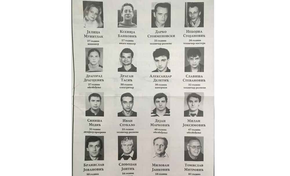 Čitulja za stradale radnike RTS-a tokom NATO bombradovanja  