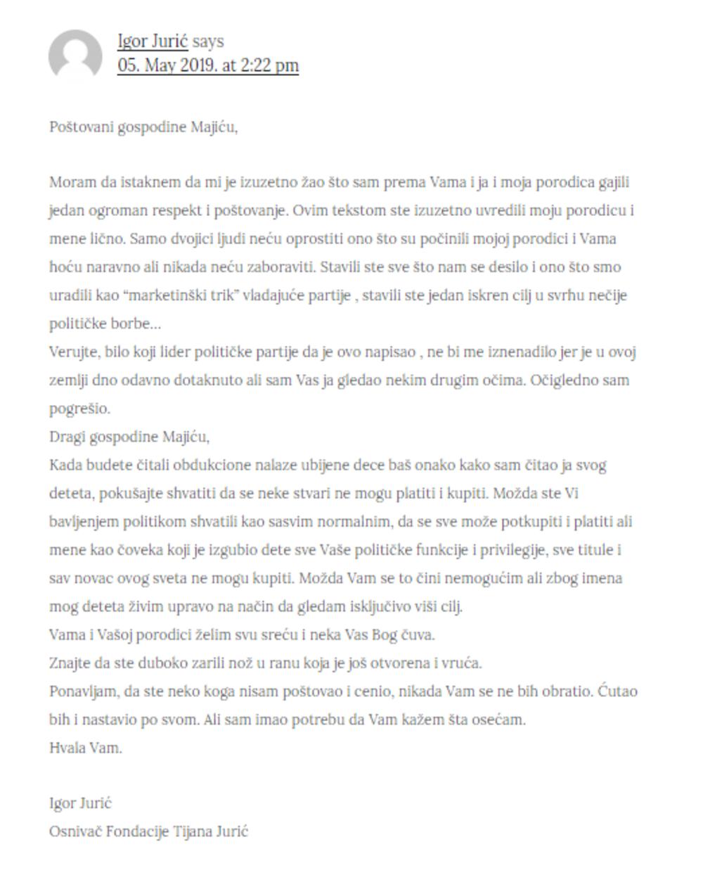 Komentar Igora Jurića ne tekst koji je napisao Miša Majić  