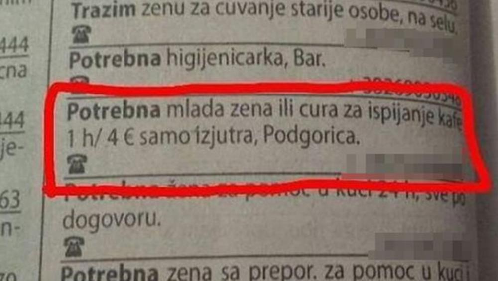 Oglas u podgoričkom listu  