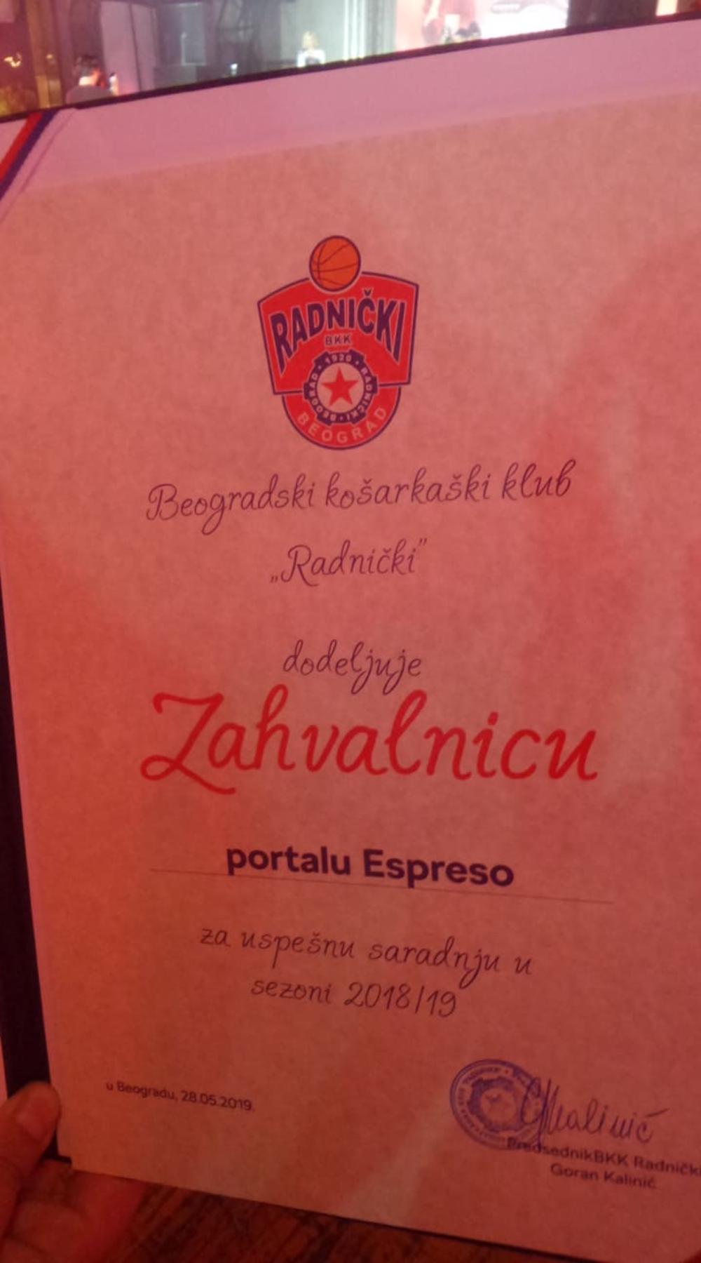 Portal Espreso.co.rs je dobio zahvalnicu od KK Radnički  