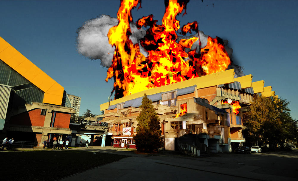 Ilustracija Hale Pionir koja gori od temperature  