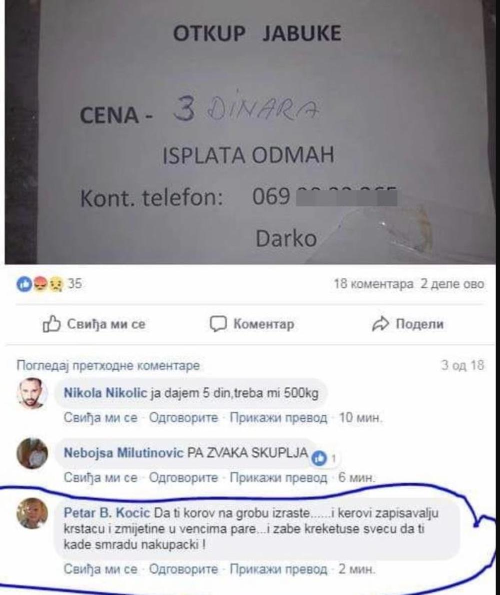 Komentar korisnika Fejsbuka na ponudu za otkup jabuka  