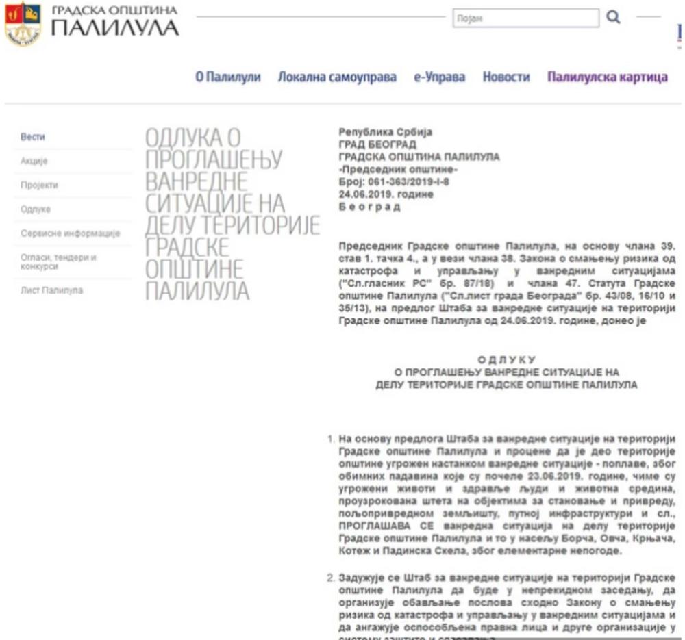 Saopštenje predsednika opštine Palilula    