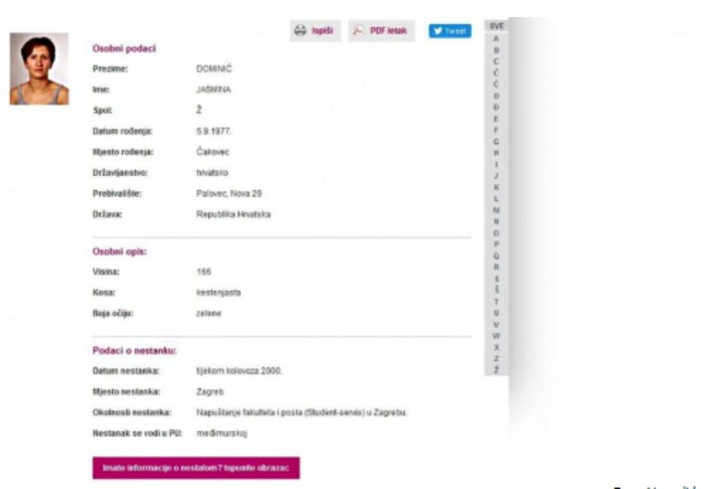 Jasmina Dominić  na sajtu nestali.hr  