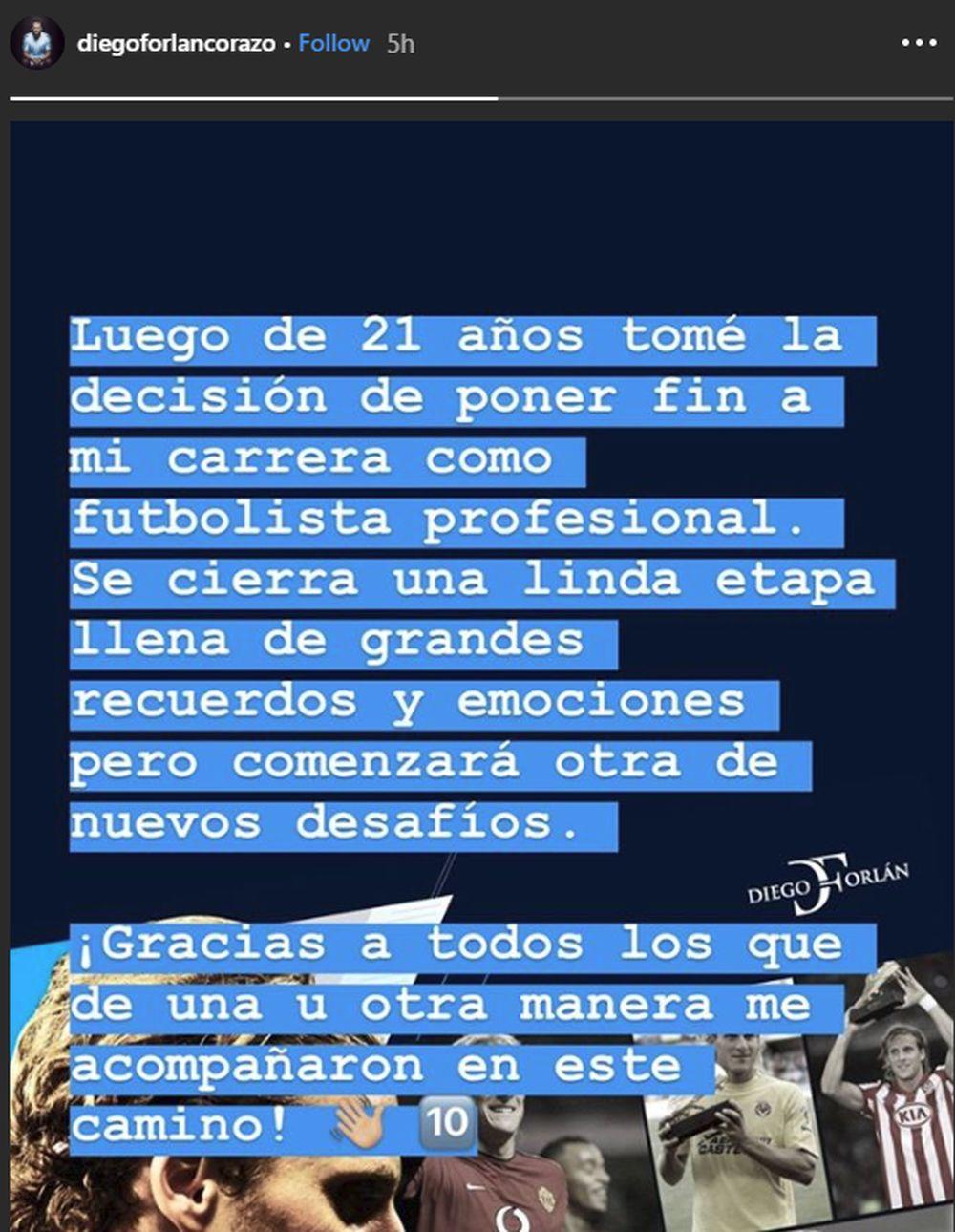 Dijego Forlan je na Instagramu objavio da je završio karijeru